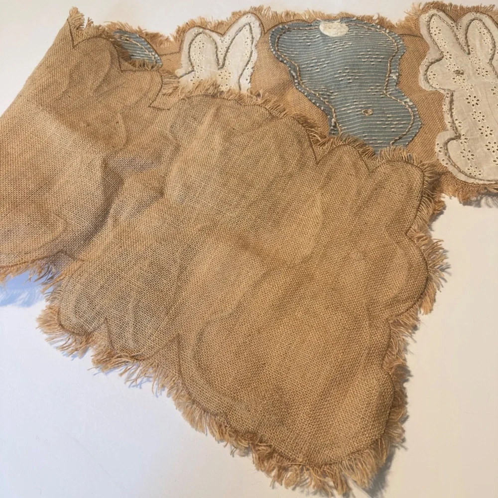 Shabby Chic Jute Bunny Table Runner Tan Blue Eyelet Easter Farmhouse 54x16